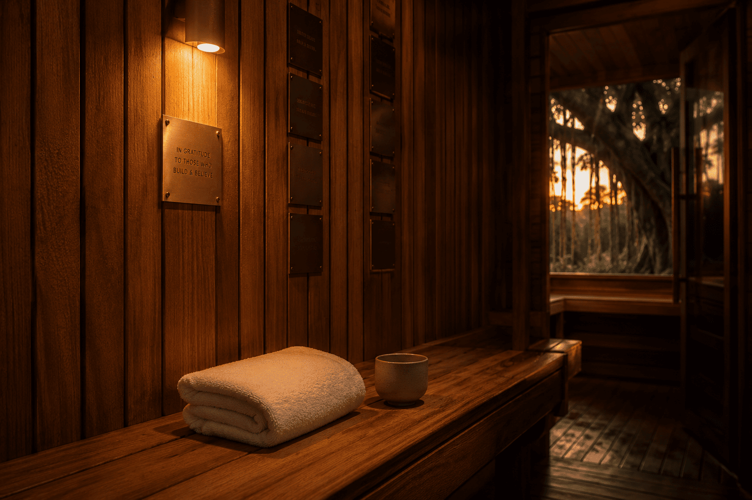 Illustrated preview of the sauna interior: brass plaques on cedar wall, banyan tree visible through the door at sunset.