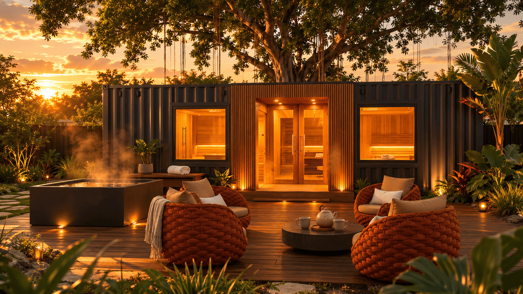 Illustrated preview of the Oasis Sauna Club: shipping-container sauna, cold plunge, and terracotta lounge chairs at golden hour.